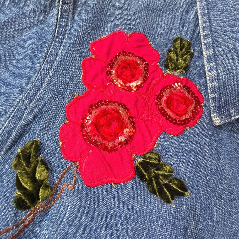 Floral Denim Chore Jacket VTG Tantrums Women SM Cottage Grandma Artsy Shacket - Picture 6 of 11